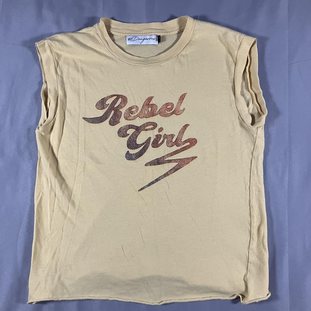 Girl Dangerous Shirt Womens Large Beige Rebel Girl Sleeveless Graphic Rock Tank